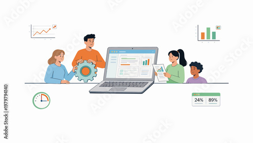 People working with laptop and charts