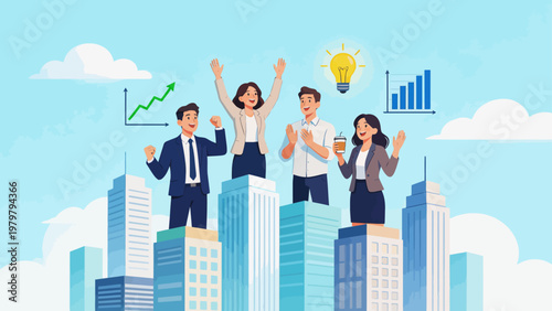 Business team celebrating success on skyscrapers