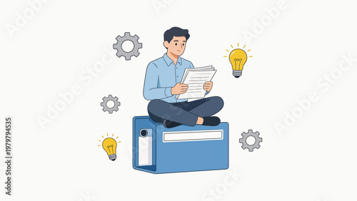 Man reading documents with icons
