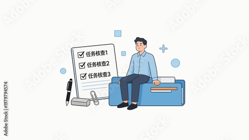 Man sitting with checklist and office supplies