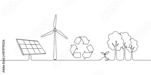 Eco-friendly sustainability concept illustration with renewable energy and tree line drawing.