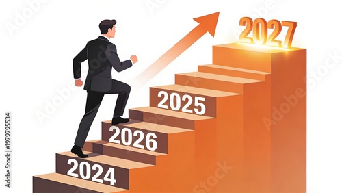 Businessman climbing stairs toward a glowing 2027 goal representing long-term career growth and success