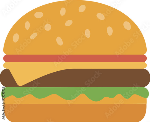 Minimalist flat design vector illustration of a hamburger with sesame seed bun cheese lettuce and tomato representing fast food dining and American cuisine