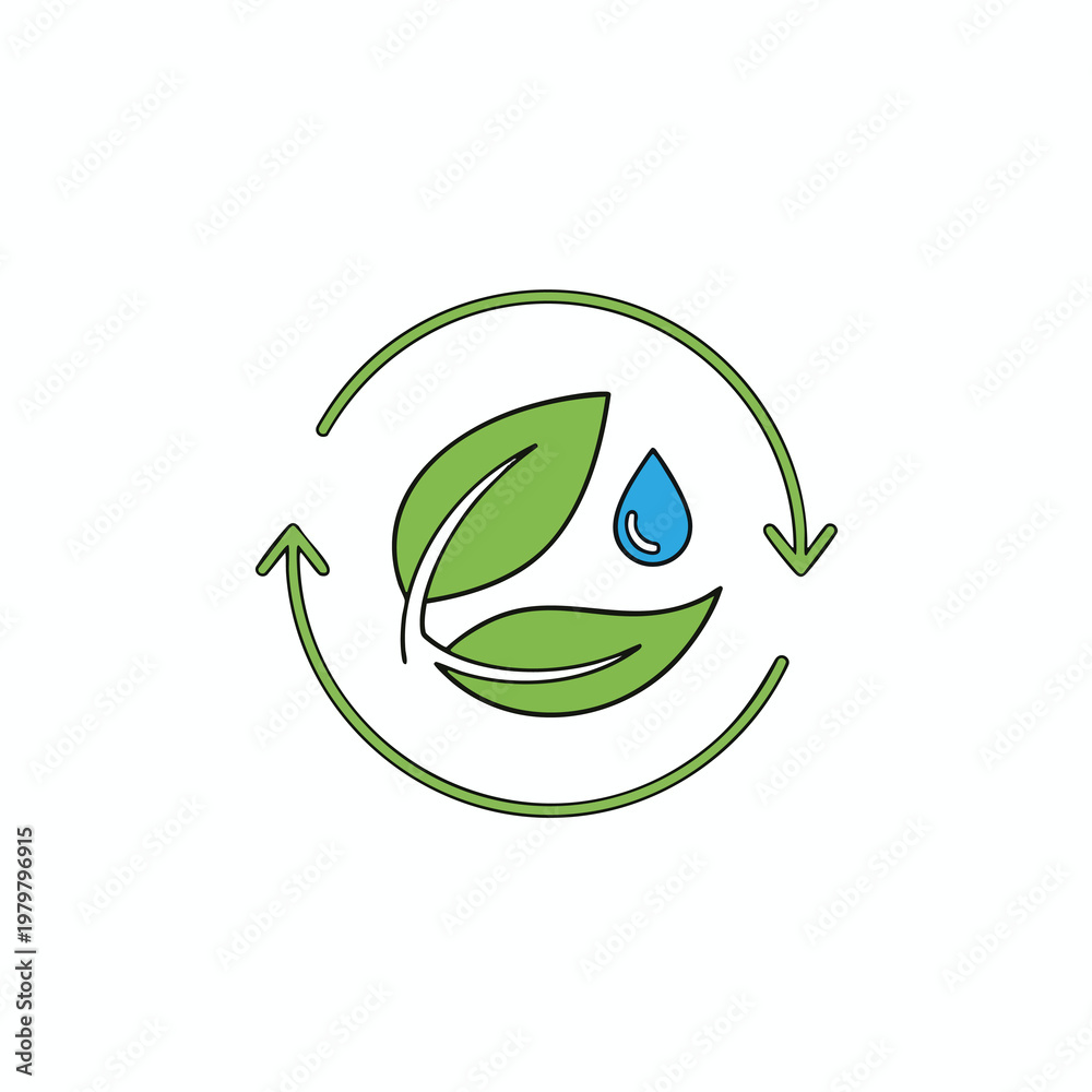 Fototapeta premium Sustainability Icon with Green Leaves and Blue Water Drop Symbol
