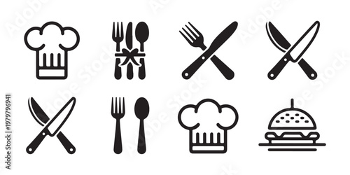 Kitchen tools and food icons set featuring chef hats hamburger and assorted cutlery symbols for menu designing.