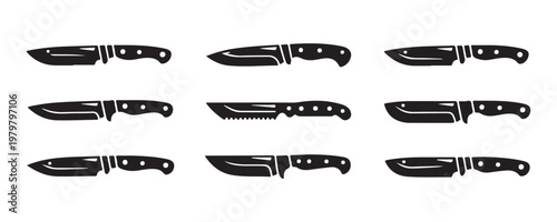 Tactical survival knives with various blade designs for hunting equipment and camping gear catalog illustration.
