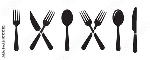 Detailed cutlery icon set featuring fork spoon and knife with highlight effects for premium food service ads.