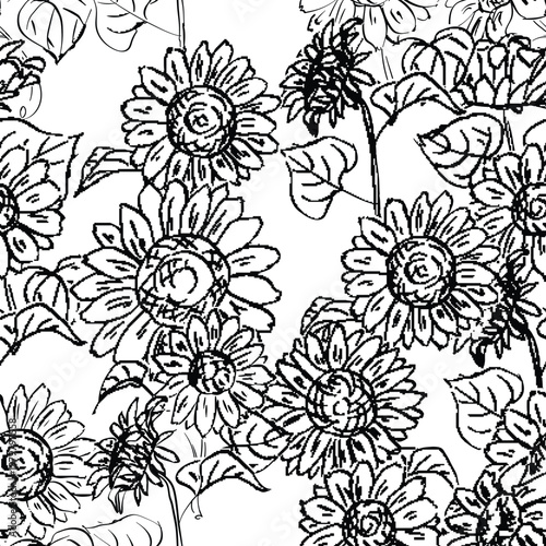Hand drawn sunflowers and leaves form a seamless pattern, presenting an organic black and white illustration with intricate line art detailing natural floral textures