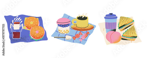 Set of hand drawn take out lunch. Coffee, sandwich, meal. Homemade snack for a break, picnic.