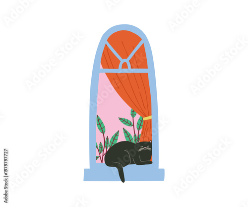 A cute black cat sleep on a window with home plants. A cup of hot drink and cookies in a jar. Cozy flat illustration.