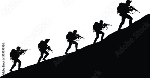 Military soldiers silhouette climbing mountain with rifles, tactical army patrol in combat formation, black and white vector illustration, defense operation concept isolated background