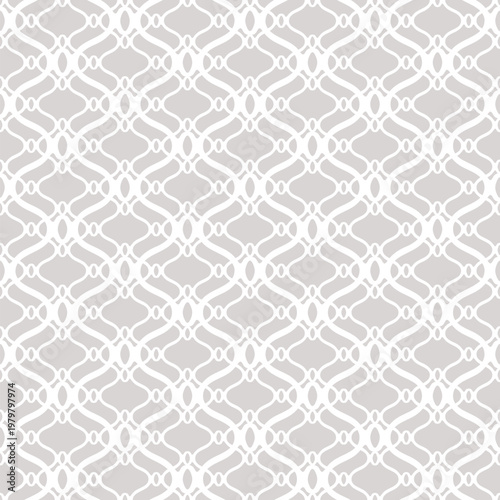 Subtle vector curved mesh texture. Seamless pattern with curly shapes, net, lattice, grid, lace. Delicate grey and white geometric background. Simple elegant ornament. Repeated design for wallpapers