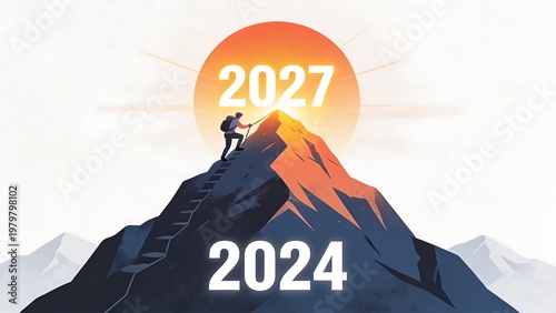 Mountaineer climbing towards the 2027 summit from 2024 at sunset representing future goals and success