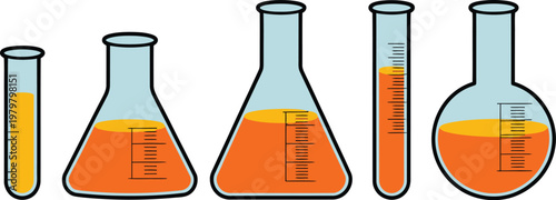 colorful laboratory glassware illustration featuring test tube beaker conical flask and round bottom flask for science education and chemistry design
