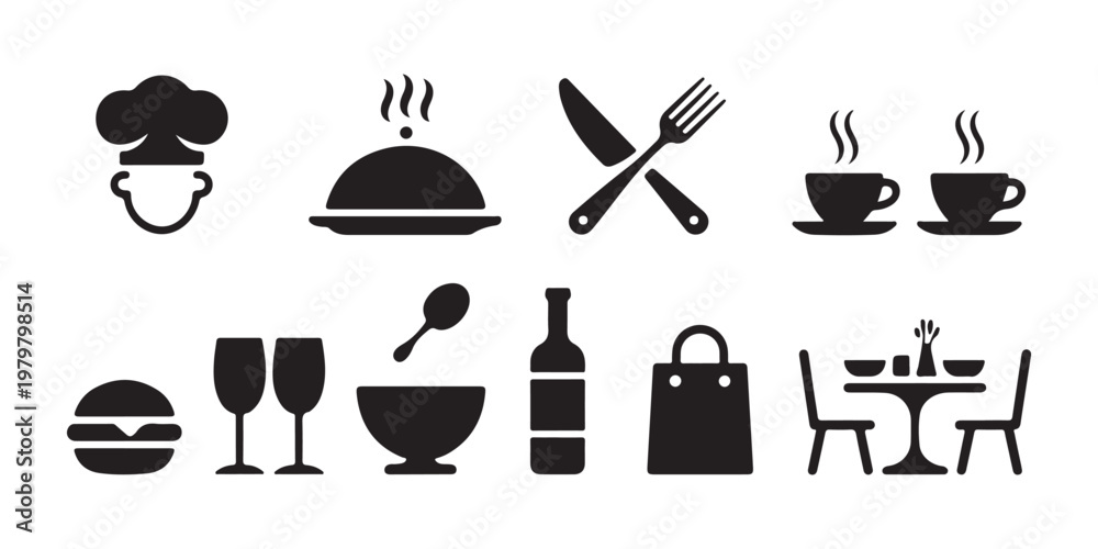 Ταπετσαρία Set of various black solid food and restaurant themed icons including chef, hot cloche, burger, wine, and table