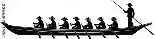 Traditional rowing boat with paddlers silhouette, cultural river transport scene, teamwork and heritage concept, black and white vector illustration isolated on white background