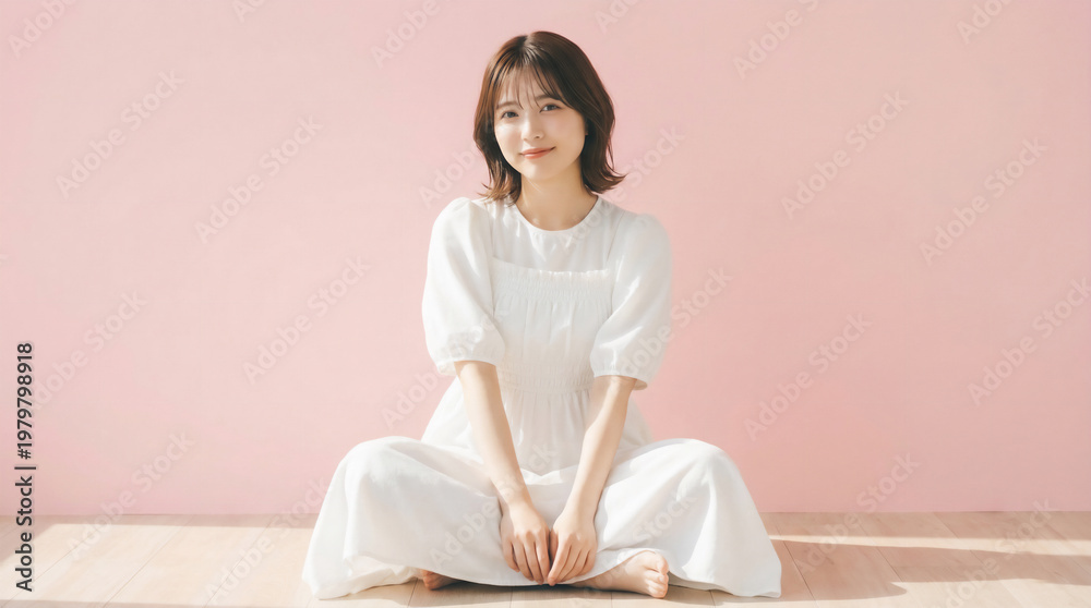 Fototapeta premium Young Japanese woman sitting cross-legged in a white dress on pink background