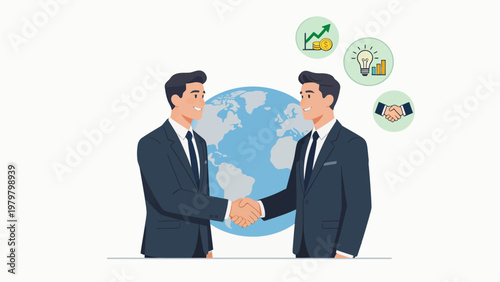 Businessmen shaking hands with globe