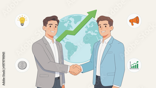 Businessmen shaking hands with globe