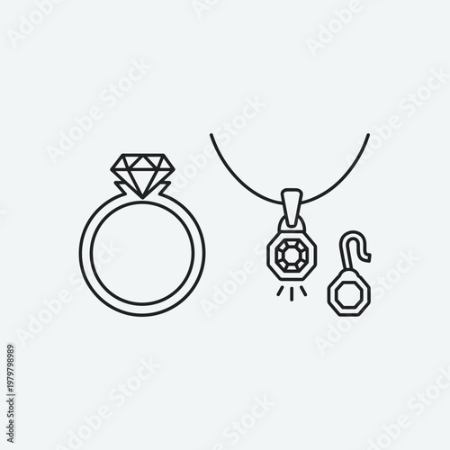Minimalist jewelry design technical drawing, necklace with magnetic pendant and ring interaction, line art vector illustration for product manual