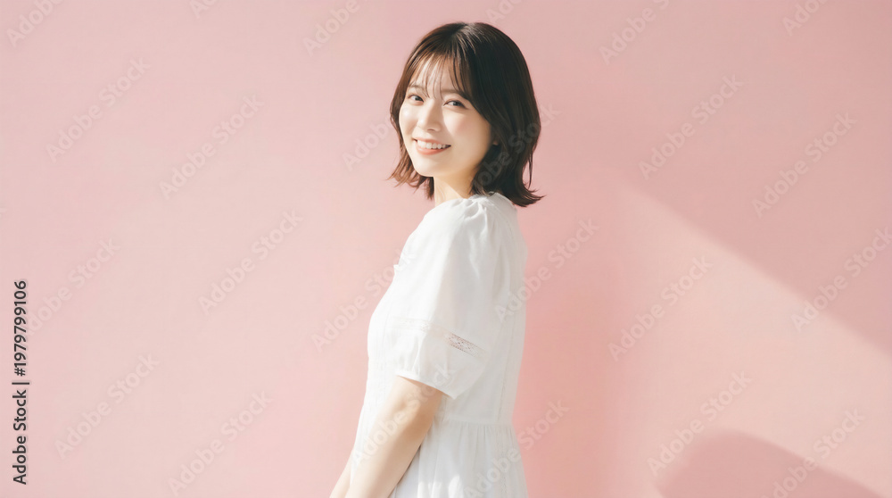 Obraz premium Cheerful Japanese woman looking back with a bright smile on pink background