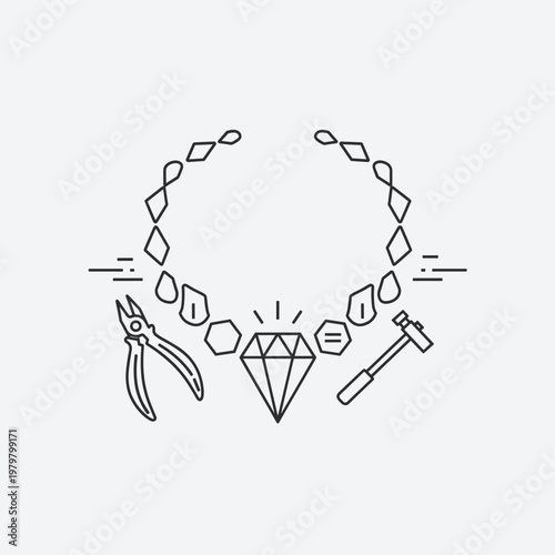 Minimalist jewelry design technical drawing, necklace with magnetic pendant and ring interaction, line art vector illustration for product manual