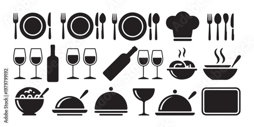 Restaurant icons set with plates silverware wine glasses and food bowls for dining menu design and catering.