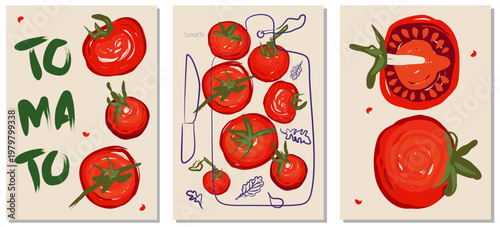 Set of modern tomato posters in hand-drawn style. Fresh red tomatoes, sliced tomato, cutting board and kitchen elements. Minimalist vector illustration perfect for kitchen decor, food design, prints, 