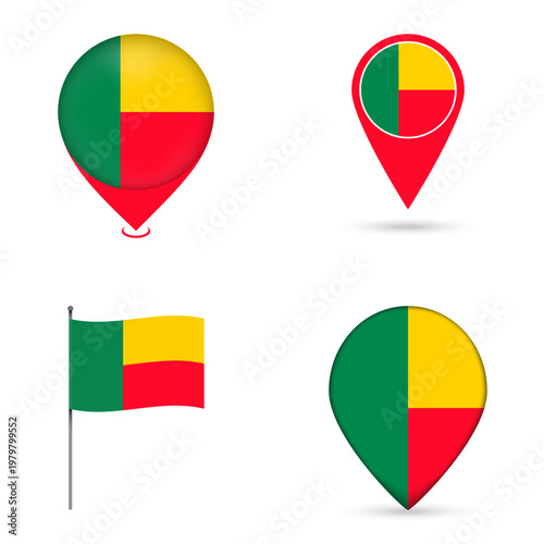 Benin Flag Map Pin Icons Set Collection.