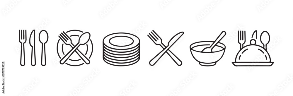 Ταπετσαρία Professional tableware line icons with stacked plates soup bowl and cloche service for restaurant hospitality