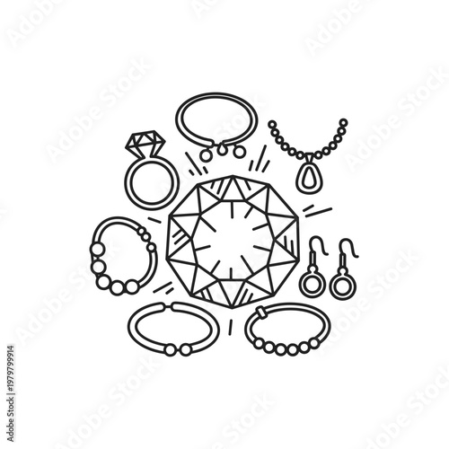 Minimalist jewelry design technical drawing, necklace with magnetic pendant and ring interaction, line art vector illustration for product manual