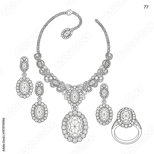 Minimalist jewelry design technical drawing, necklace with magnetic pendant and ring interaction, line art vector illustration for product manual