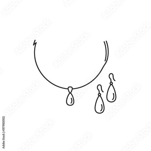 Minimalist jewelry set vector, elegant necklace with teardrop pendant, matching drop earrings line art, simple fashion accessories illustration