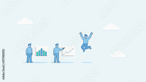 Three animated figures with charts in sky