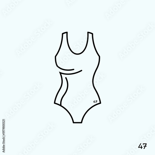 Minimalist swimsuit line icon vector, black one-piece bathing suit illustration, modern female swimwear silhouette for summer fashion and beach apparel