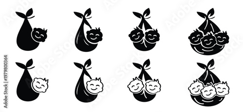 Newborn babies, triplets or twins. For flying stork brings a baby drawing and baby basket. Newborn baby girl or boy. For cartoon bird, stork flying in the sky. Kids concept. Welcome icon.