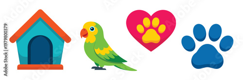 colorful pet themed icons featuring doghouse heart paw print parrot and blue paw print on solid black background vector illustration