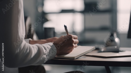 Over shoulder view of same person sitting modern office desk writing note notebook pen same desk arrangement soft natural lighting minimal setup neutral color palette shallow depth of field realistic