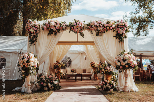 A wedding tent is set up in a garden. It features floral decorations and a seating area. Guests can gather here for the celebration during the afternoon light