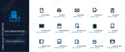 Documentation and Data Records Vector Icon Set, Minimalist Outline UI Elements for Office Administration
