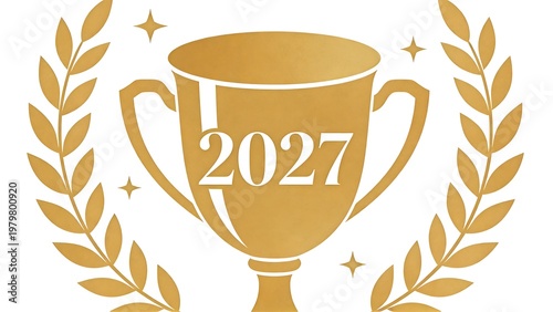 Golden 2027 trophy cup with laurel wreath and sparkles representing future success and achievement