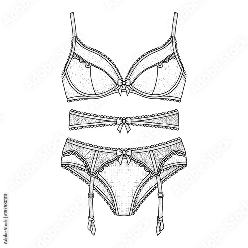 Φωτογραφία Lingerie fashion technical sketch, lace bra and garter belt set vector, black an