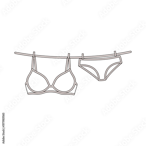 Minimalist lingerie line art vector, female bra and panties hanging on clothesline, simple outline underwear set for laundry and fashion icons