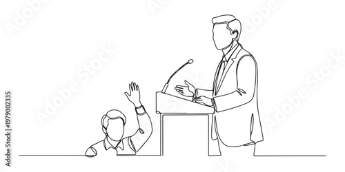 Businessman giving a speech at podium with audience asking questions line art.