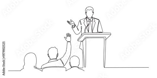 Businessman giving a speech at podium with audience asking questions line art.