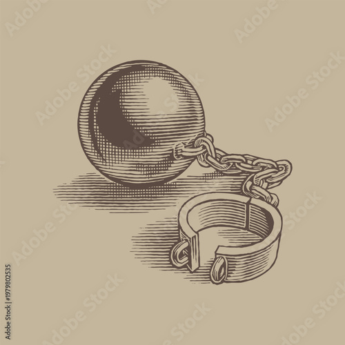 Ball and Chain Shackles Depicted in Vintage Engraving Detail