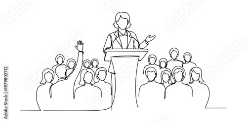 Businessman giving a speech at podium with audience asking questions line art.