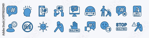 Set of global problem issue icon. Contains cyber bullying, social issues, crime, depression, racism, abuse, victim, stop, brainstorm, violence, conflict, anger, anxiety, discrimination - vector