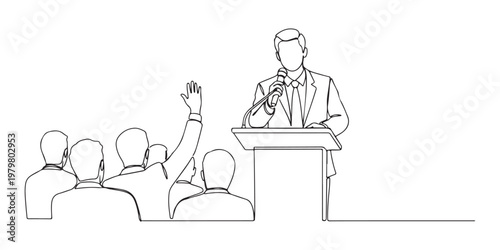 Public speaker at conference taking questions from audience continuous line drawing.