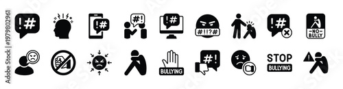 Global problem issue icon vector set. Contains cyber bullying, social issues, crime, depression, racism, abuse, victim, stop, brainstorm, violence, conflict, anger, anxiety, discrimination